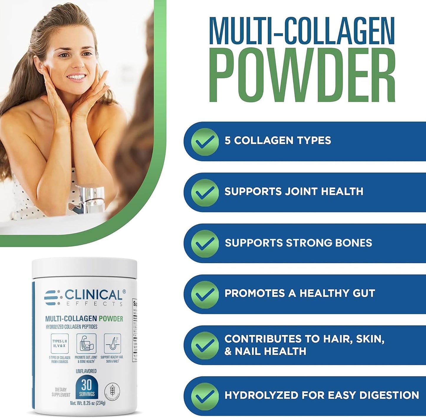 8oz Clinical Effects Multi-Collagen Powder with 5 Types for Joint, Bone, Skin & Nail Health - Fast Absorption - 30 Servings
