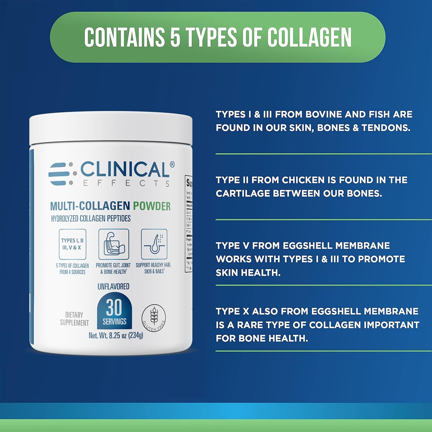 8oz Clinical Effects Multi-Collagen Powder with 5 Types for Joint, Bone, Skin & Nail Health - Fast Absorption - 30 Servings