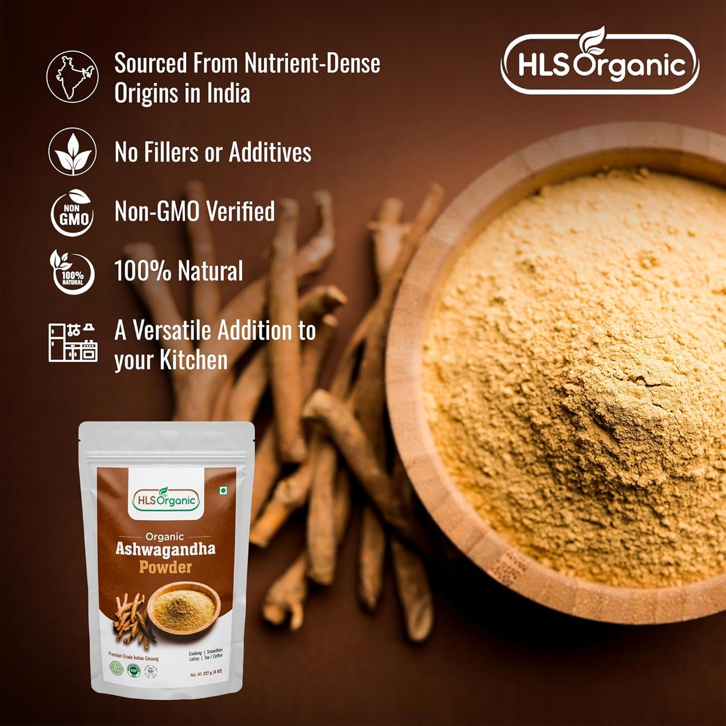 8oz HLS ORGANIC Premium Ashwagandha Root Powder | Finest Grade From India | Raw & Non-GMO | Vegan | 3.5 Month Supply