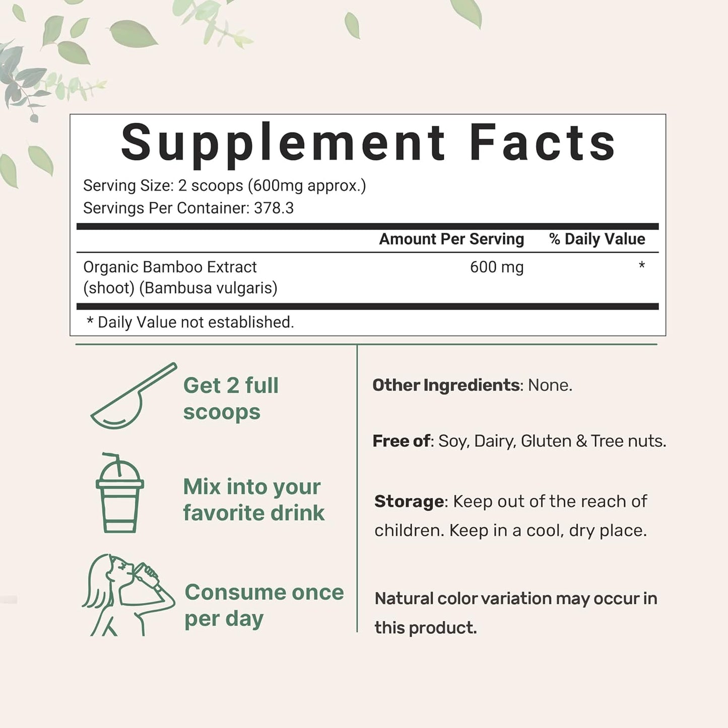 8oz Organic Bamboo Extract Powder - Rich in Silica & Minerals for Skin, Hair, Nails, Joints, Bones - Non-GMO, Vegan - 1 Year Supply