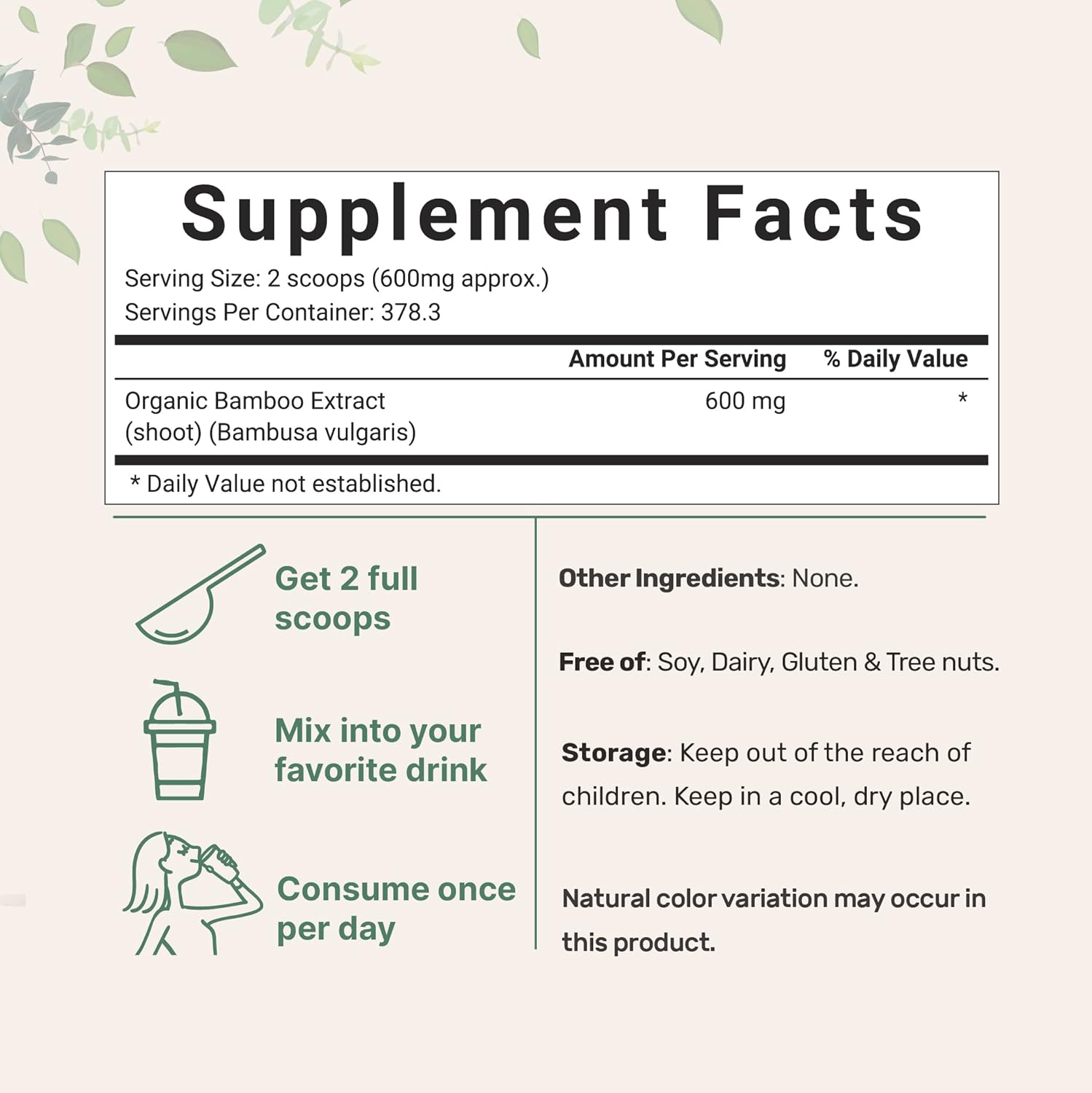8oz Organic Bamboo Extract Powder - Rich in Silica & Minerals for Skin, Hair, Nails, Joints, Bones - Non-GMO, Vegan - 1 Year Supply