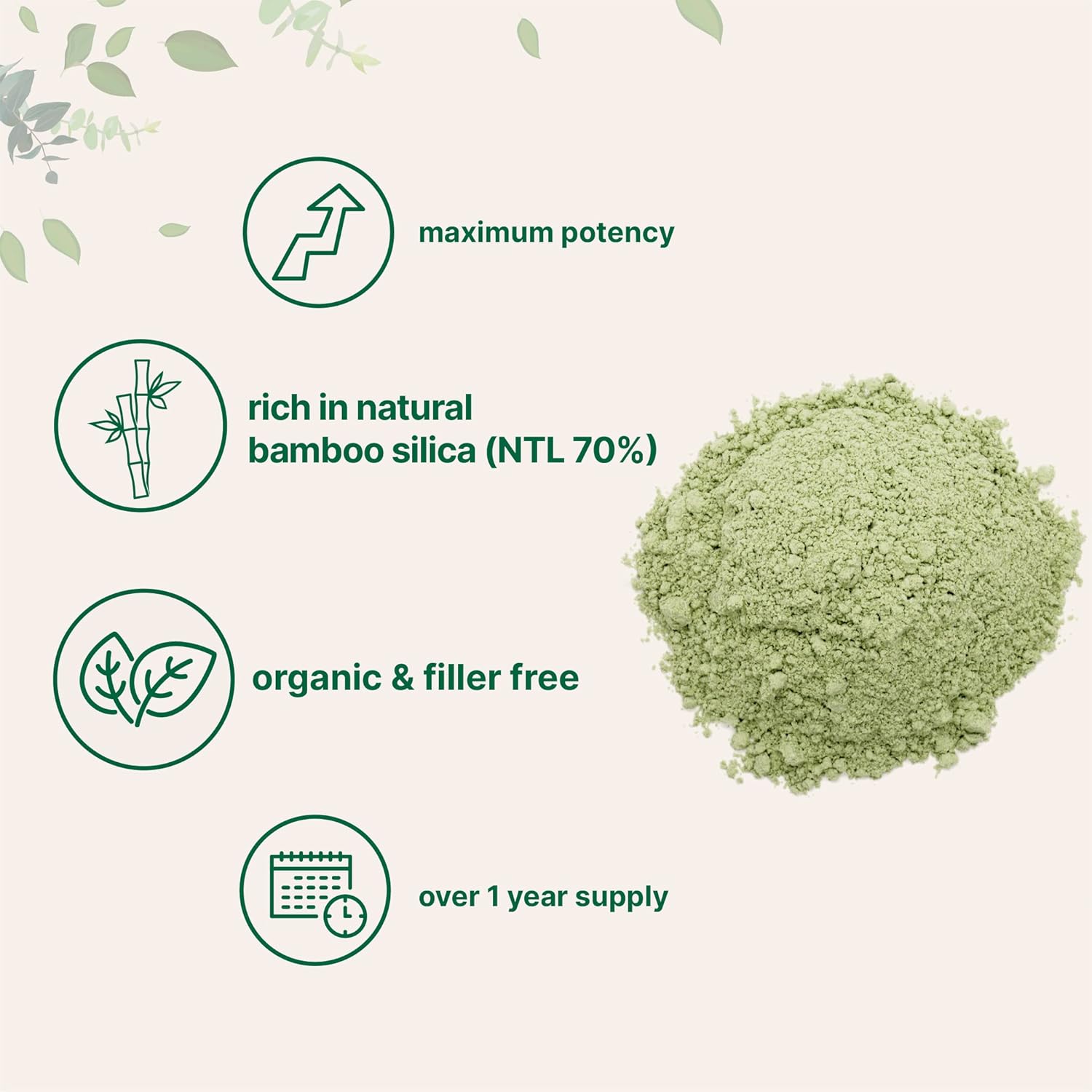 8oz Organic Bamboo Extract Powder - Rich in Silica & Minerals for Skin, Hair, Nails, Joints, Bones - Non-GMO, Vegan - 1 Year Supply