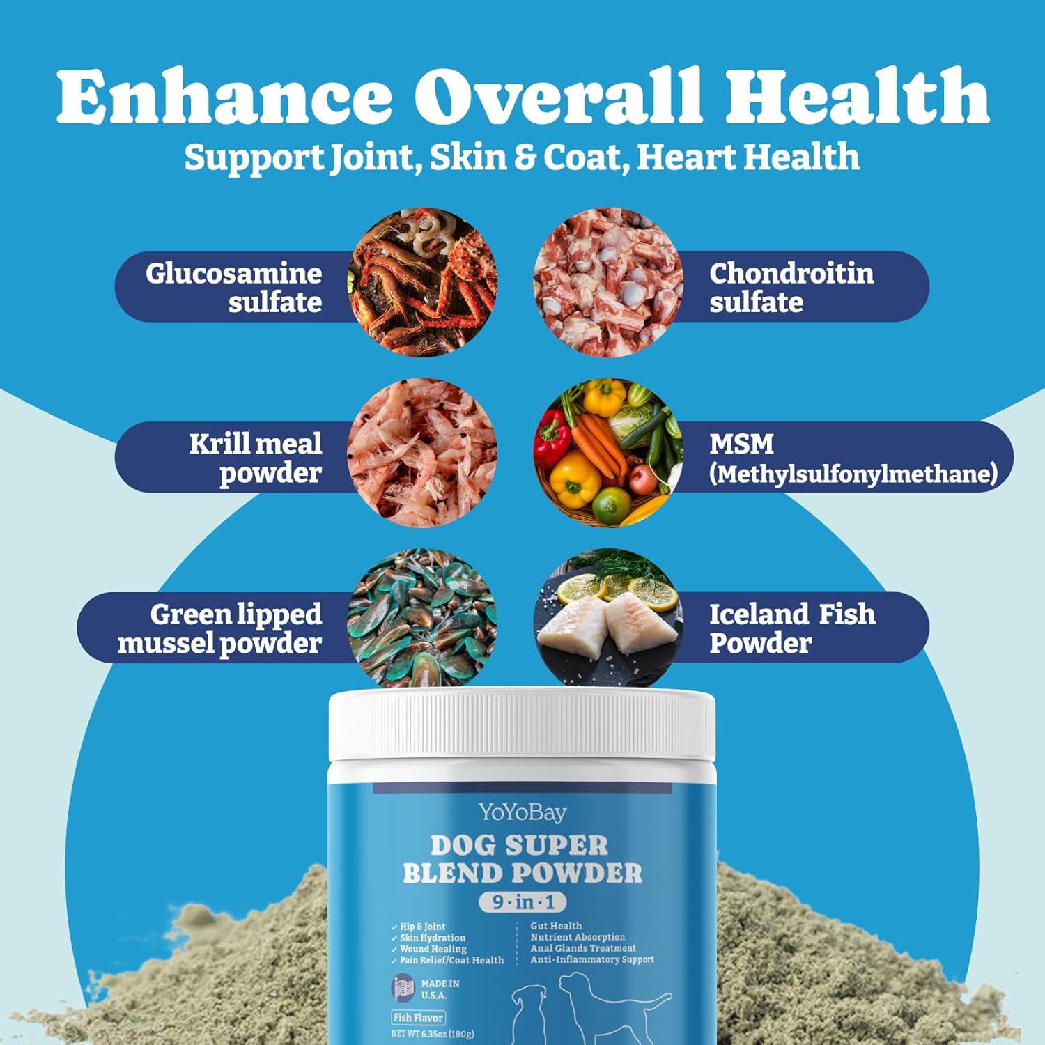 9-in-1 Dog Supplement Powder with Iceland Fish - Gut Health, Hip & Joint Support - 6.35oz Fish Flavor