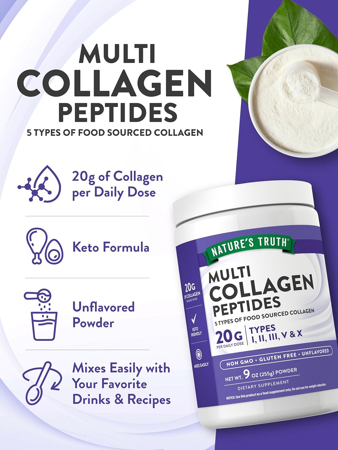 9 oz Nature's Truth Multi Collagen Peptide Powder - Type I, II, III, V, X - Unflavored - Non-GMO & Gluten Free Supplement