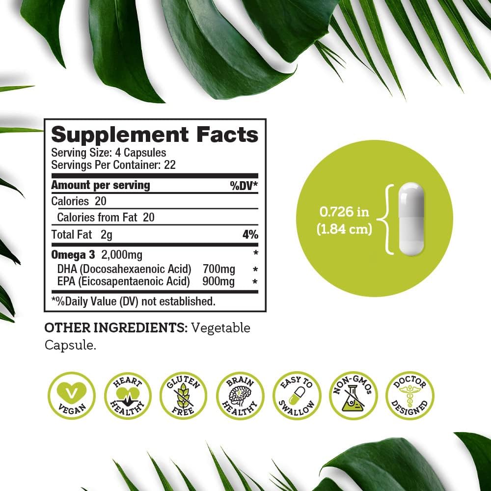 90 Capsules Doctors Scientific DSO Vegan Algae Omega 3 Supplement - Plant Based EPA & DHA Fatty Acids - Eco-Friendly USA-Made