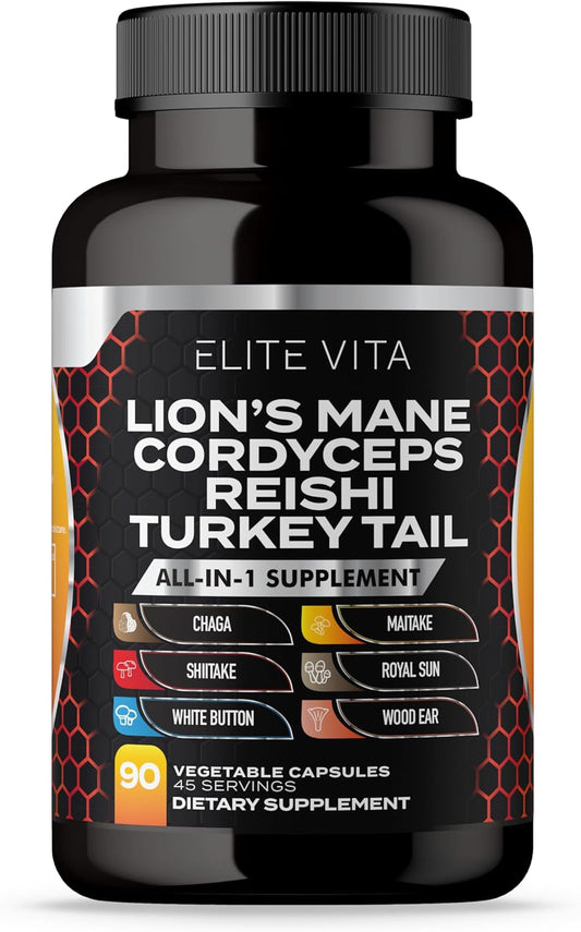 90 Capsules Elite Vita Nootropic Mushroom Blend Supplement for Enhanced Focus and Cognitive Support