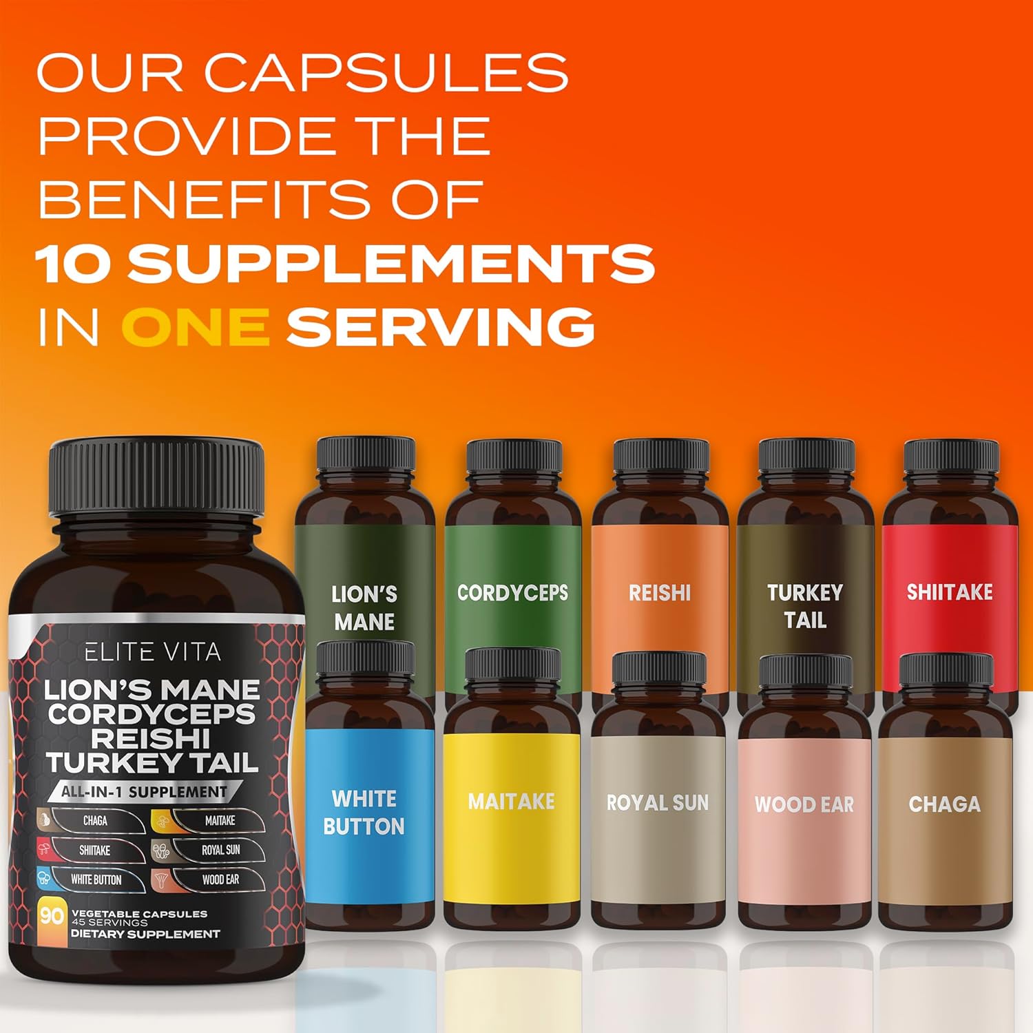 90 Capsules Elite Vita Nootropic Mushroom Blend Supplement for Enhanced Focus and Cognitive Support
