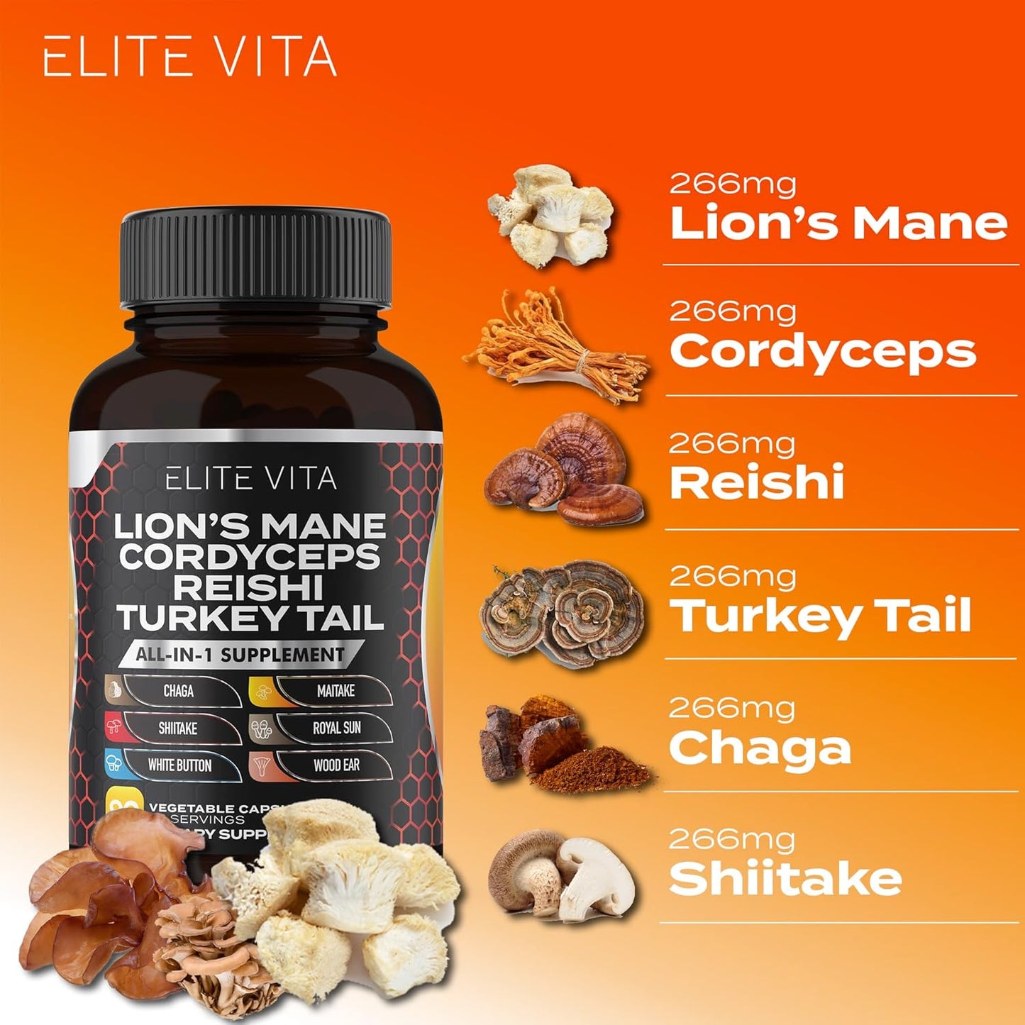 90 Capsules Elite Vita Nootropic Mushroom Blend Supplement for Enhanced Focus and Cognitive Support
