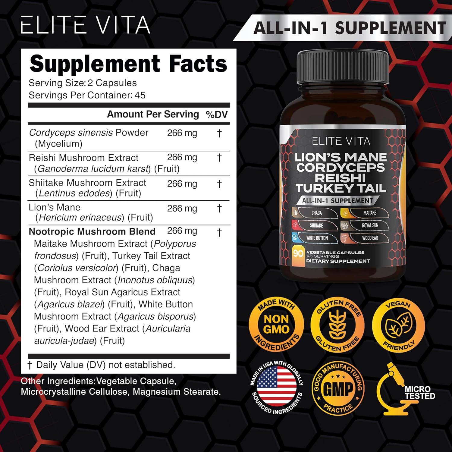 90 Capsules Elite Vita Nootropic Mushroom Blend Supplement for Enhanced Focus and Cognitive Support