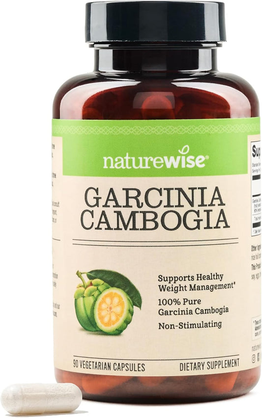 90 Capsules Naturewise Garcinia Cambogia - Vegan Weight Support with 60% HCA, Energy Boost - Non-GMO, Gluten-Free - 1-3 Month Supply