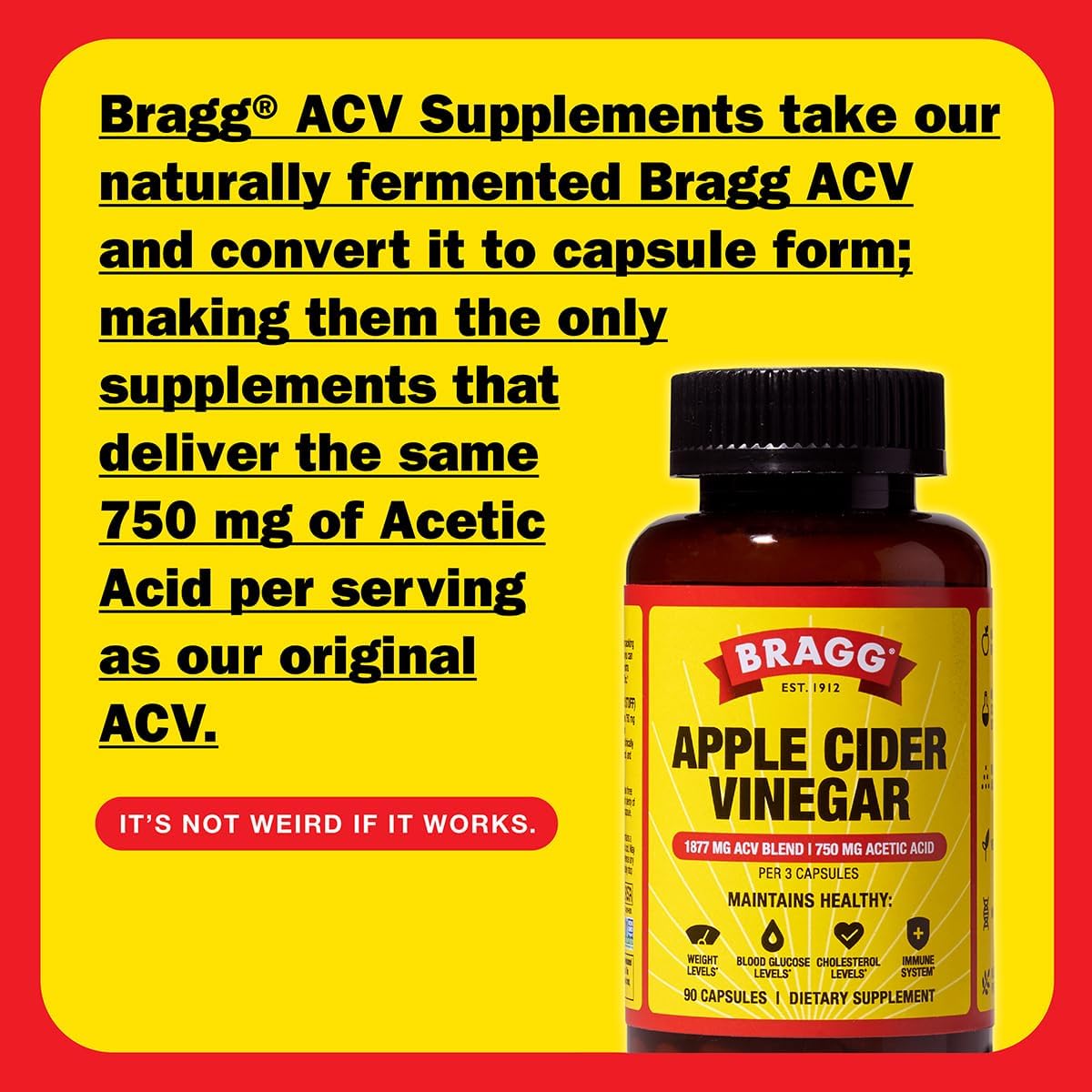 90 Capsules of Bragg Apple Cider Vinegar Capsules with Vitamin D and Zinc for Immune System Support