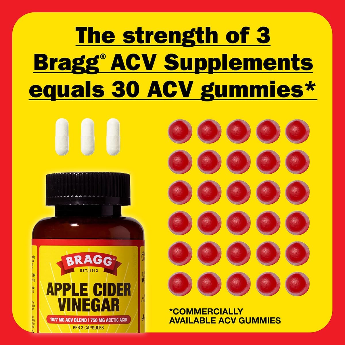 90 Capsules of Bragg Apple Cider Vinegar Capsules with Vitamin D and Zinc for Immune System Support
