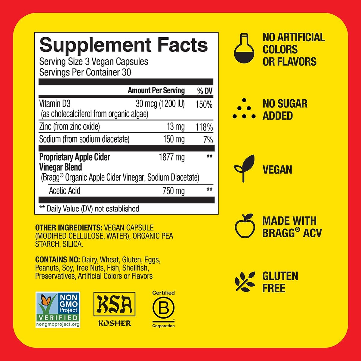 90 Capsules of Bragg Apple Cider Vinegar Capsules with Vitamin D and Zinc for Immune System Support
