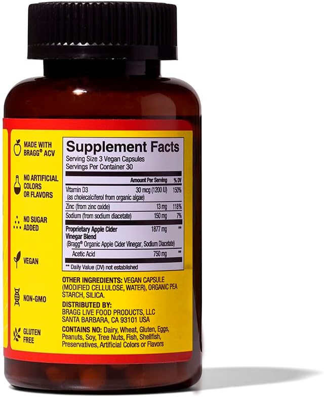 90 Capsules of Bragg Apple Cider Vinegar Capsules with Vitamin D and Zinc for Immune System Support