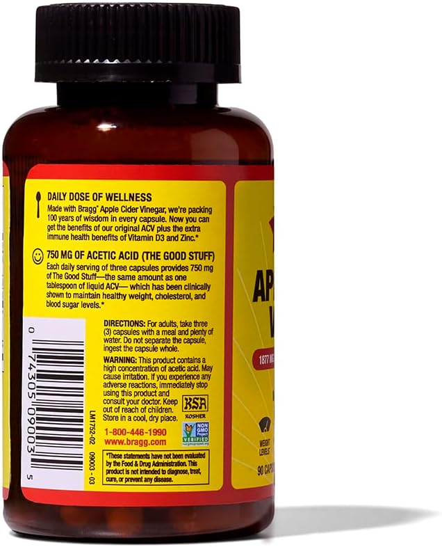 90 Capsules of Bragg Apple Cider Vinegar Capsules with Vitamin D and Zinc for Immune System Support