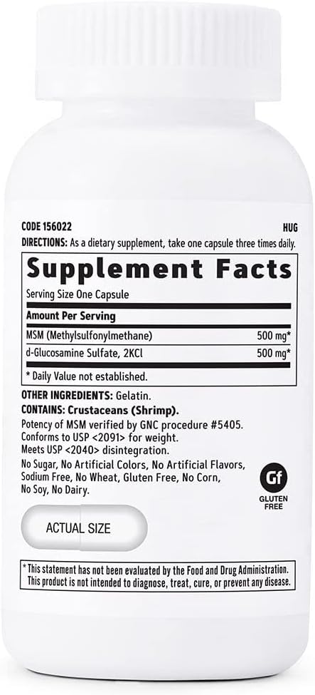 90 Capsules of GNC MSM and Glucosamine 500mg for Joint Function and Cartilage Support