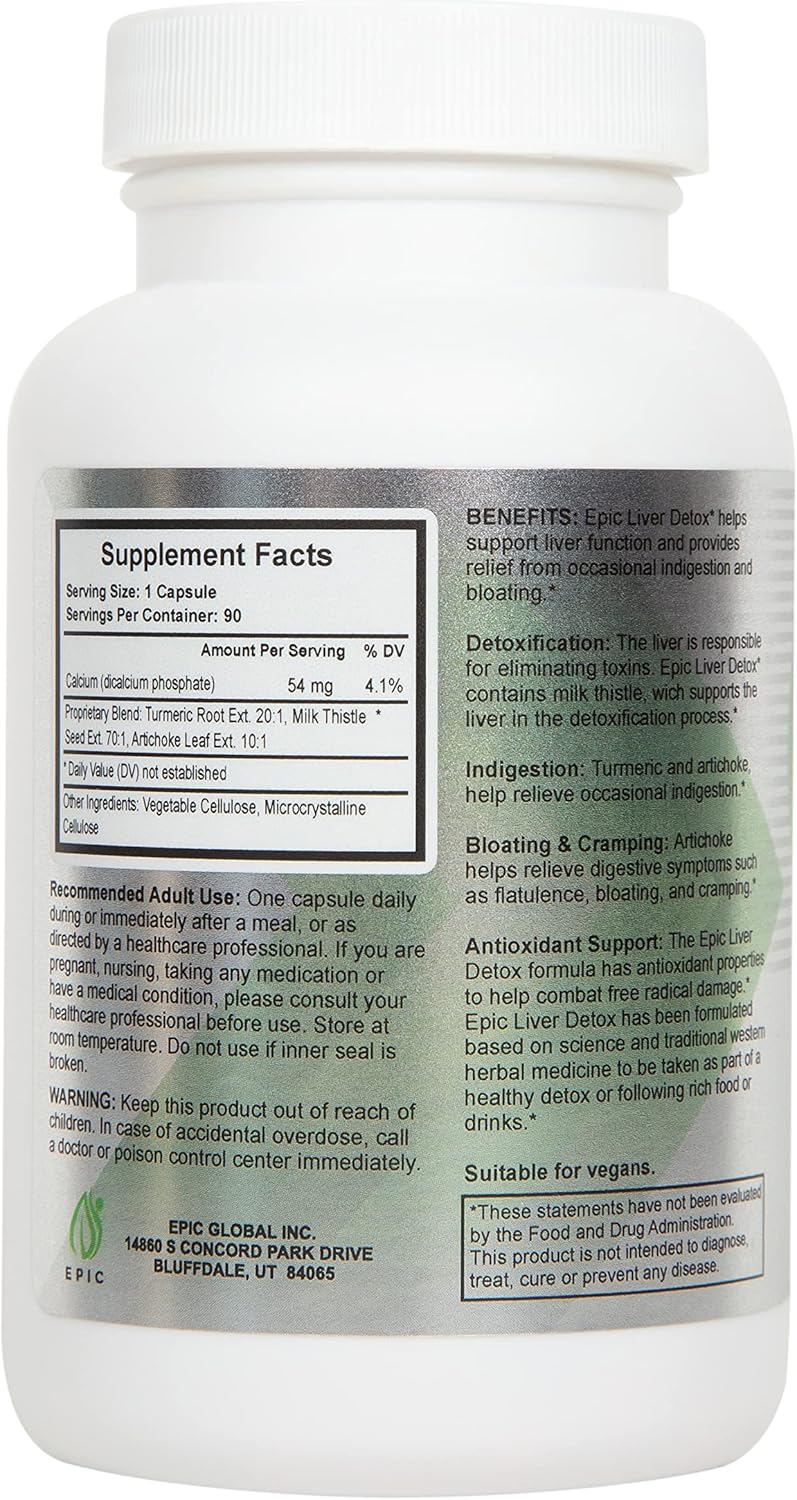 90 Capsules of Maximum Support Liver Detox Supplement with Natural Ingredients - Artichoke Extract, Milk Thistle, Turmeric, Iron, Calcium - Epic Black Label Formula