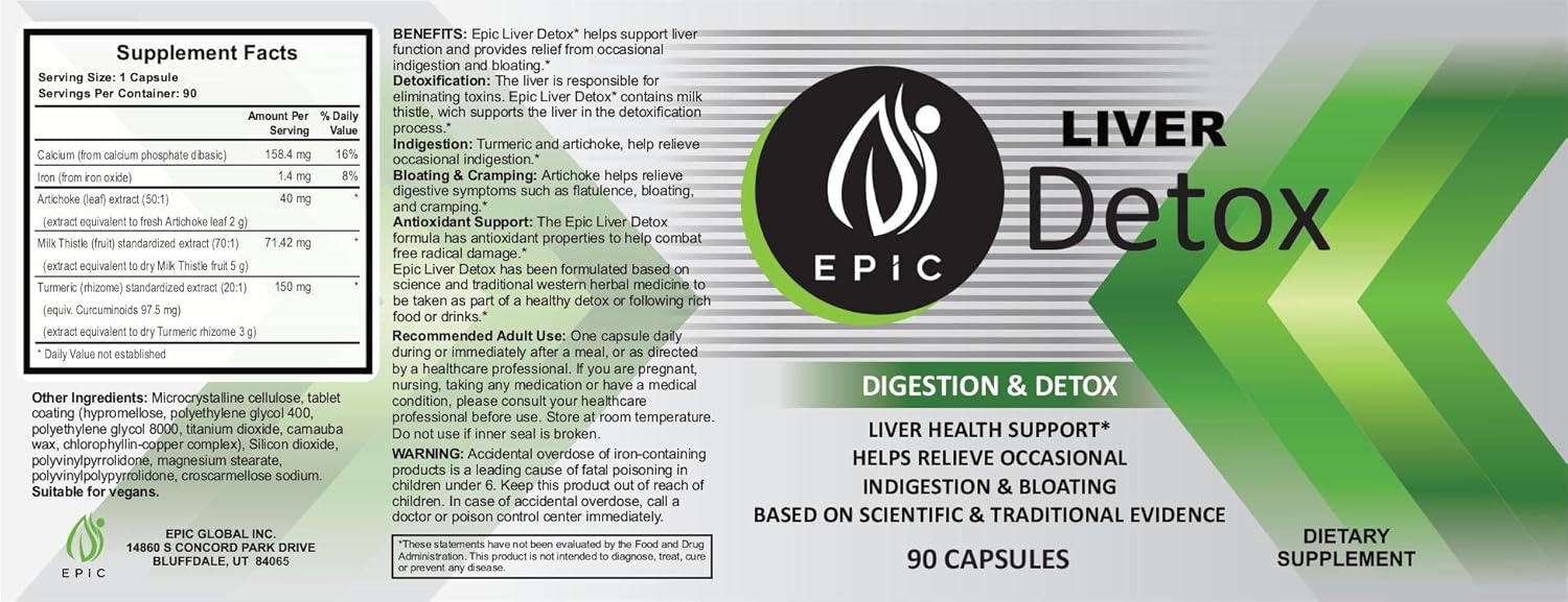 90 Capsules of Maximum Support Liver Detox Supplement with Natural Ingredients - Artichoke Extract, Milk Thistle, Turmeric, Iron, Calcium - Epic Black Label Formula