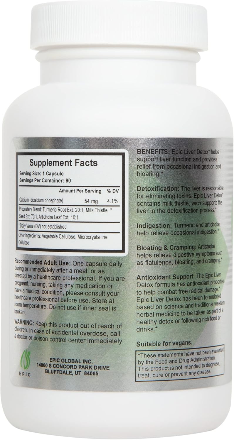 90 Capsules of Maximum Support Liver Detox Supplement with Natural Ingredients - Artichoke Extract, Milk Thistle, Turmeric, Iron, Calcium - Epic Black Label Formula