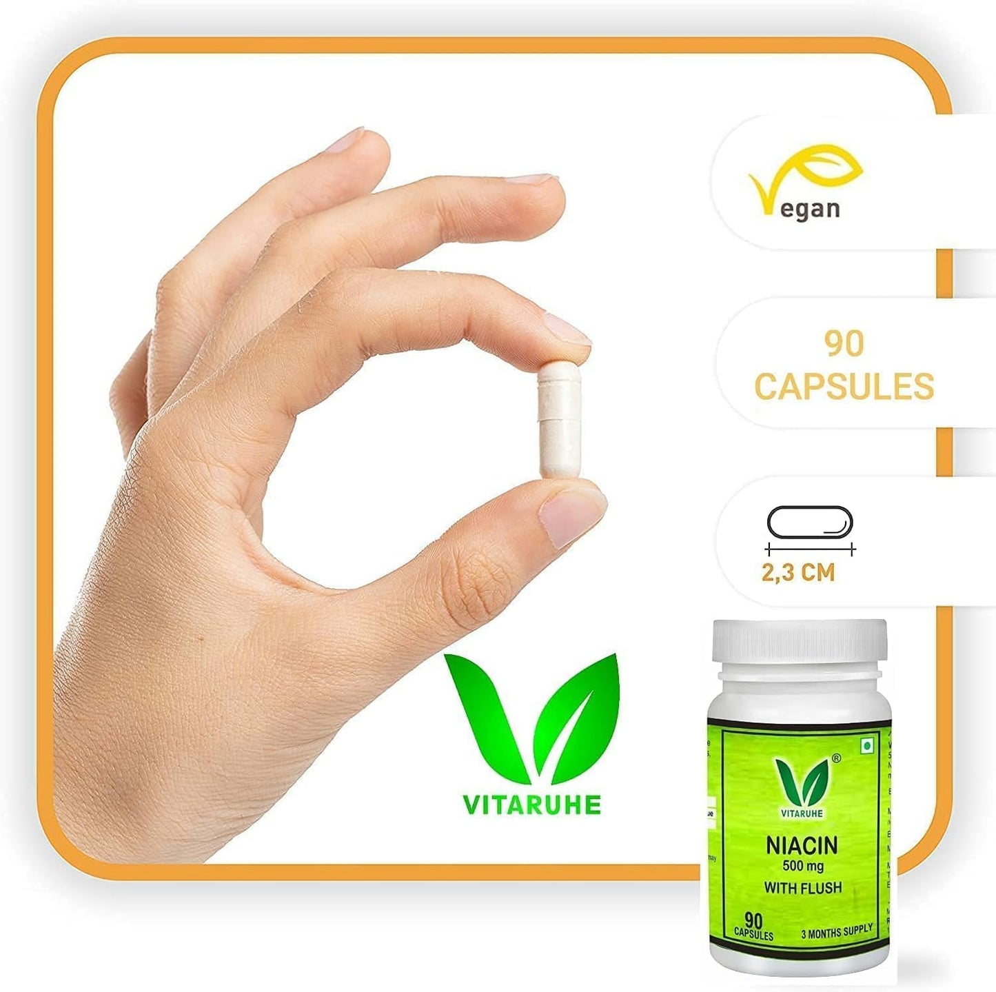 90 Capsules of Non-GMO, Gluten-Free Generic Vitamin B3 Niacin (Nicotinic Acid) with Flush Support