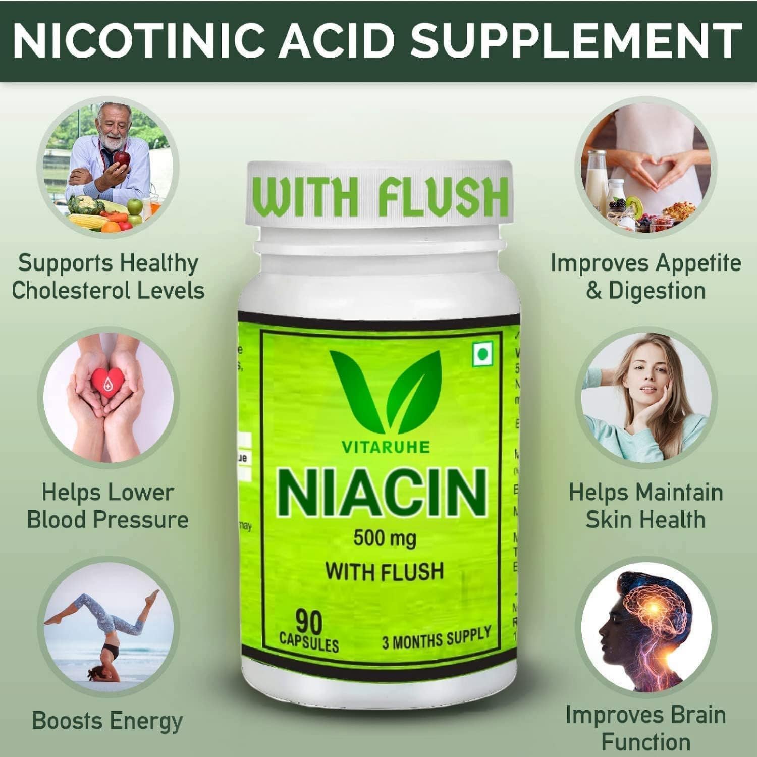 90 Capsules of Non-GMO, Gluten-Free Generic Vitamin B3 Niacin (Nicotinic Acid) with Flush Support