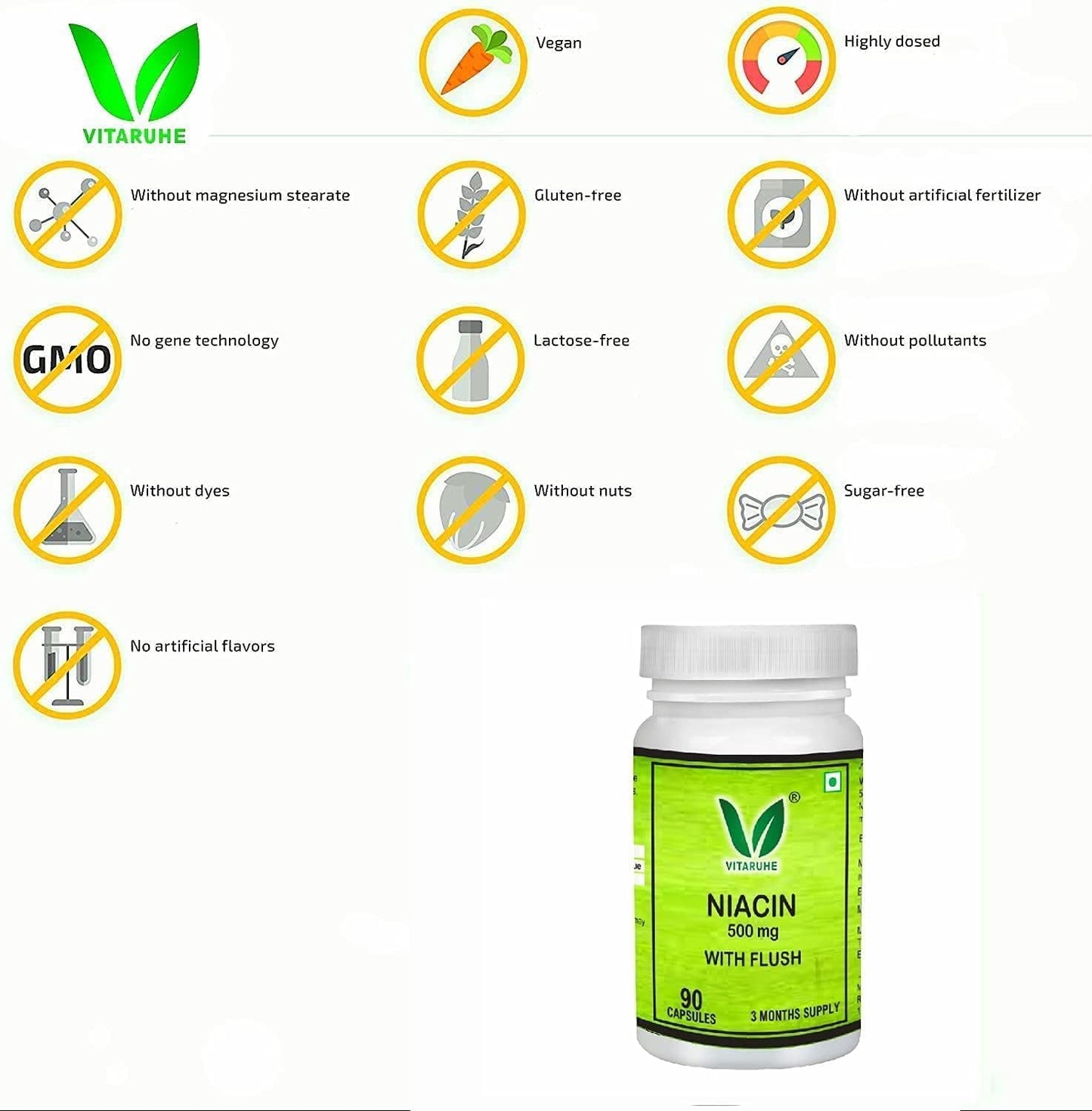 90 Capsules of Non-GMO, Gluten-Free Generic Vitamin B3 Niacin (Nicotinic Acid) with Flush Support