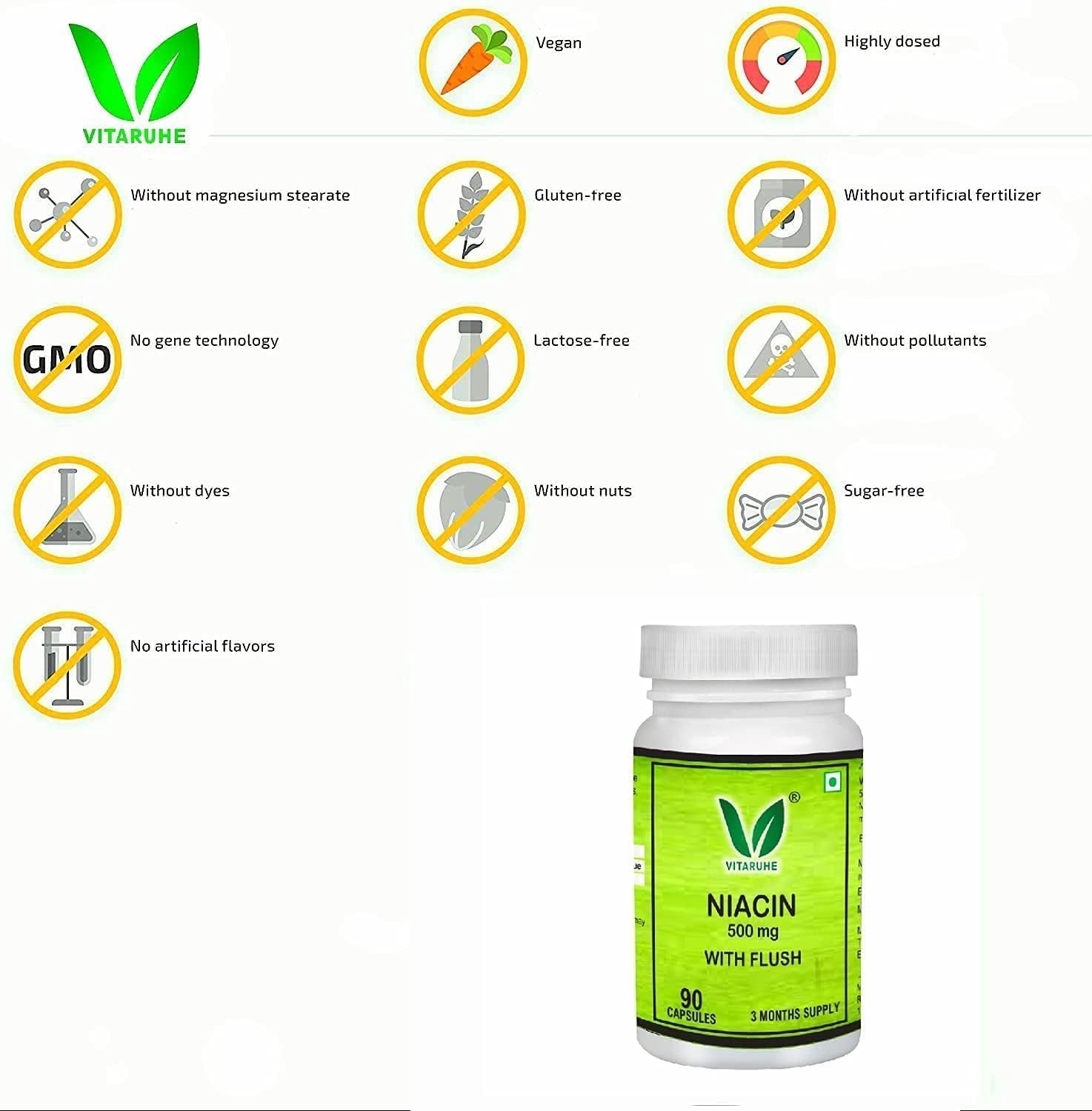 90 Capsules of Non-GMO, Gluten-Free Generic Vitamin B3 Niacin (Nicotinic Acid) with Flush Support