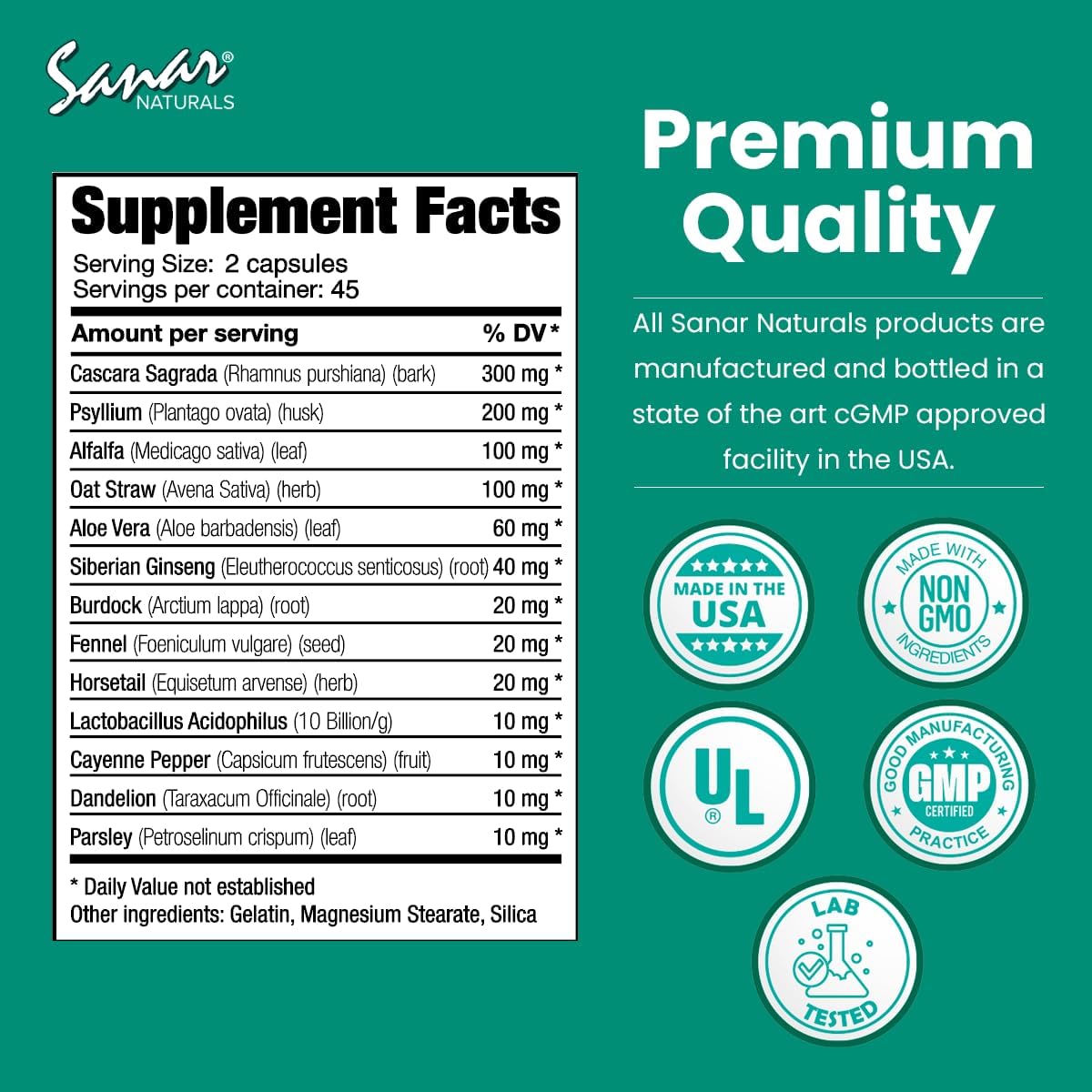 90 Capsules of Sanar Naturals Colon Cleanser (2 Pack) - Dietary Fiber, Herbal & Probiotics Blend for Digestive Support - Colon Cleanse Supplement for Women & Men