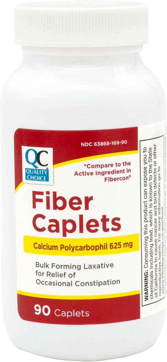 90 Count Bottle of Quality Choice Fiber Therapy Caplets for Safe Constipation Relief Without Gas or Bloating