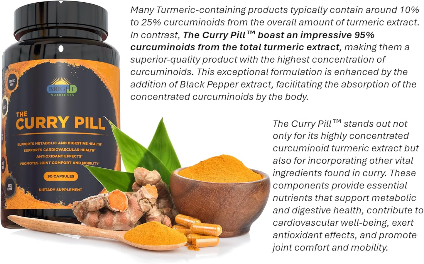 90 Count Bright Nutrients Curry Pill Dietary Supplement with High-Curcumin Turmeric, Garlic, Ginger, Cayenne, and Black Pepper
