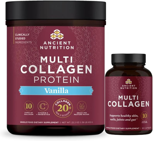 90 Count Multi Collagen Capsules + 60 Servings Vanilla Multi Collagen Protein Powder by Ancient Nutrition