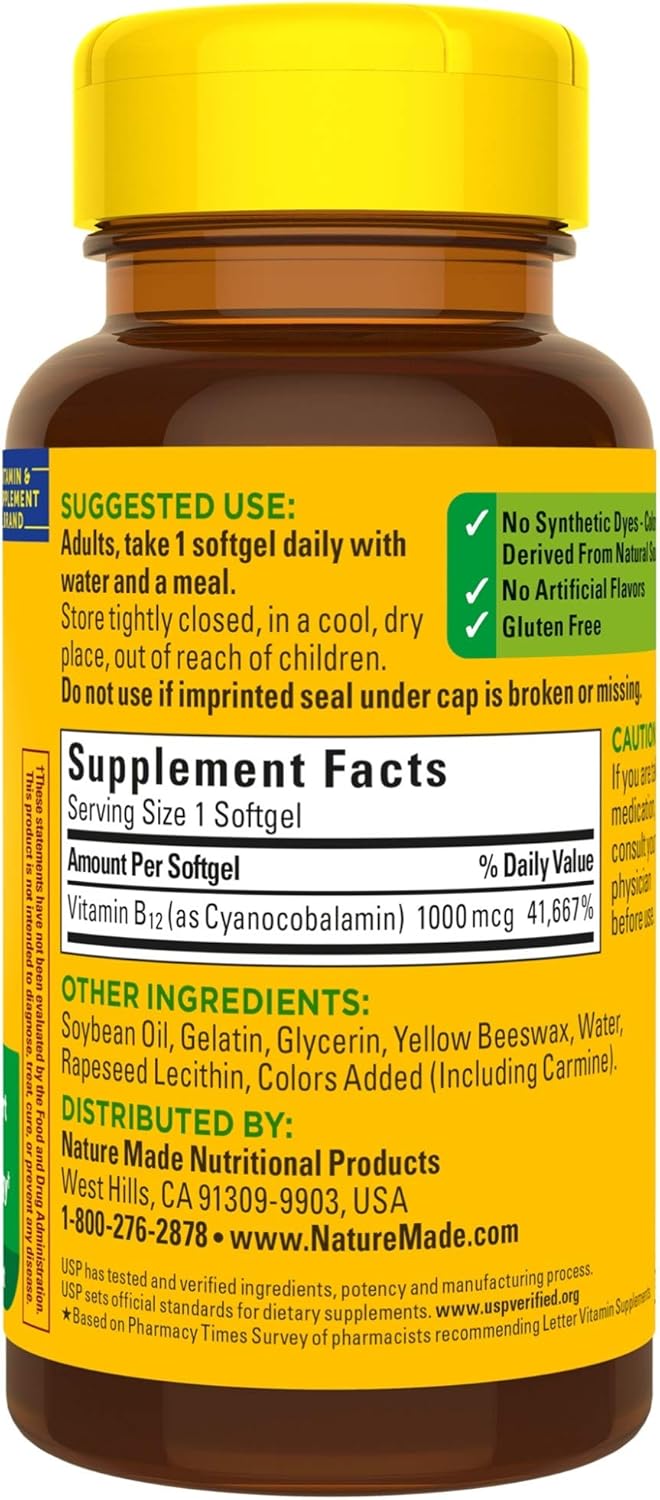 90 Count Nature Made Vitamin B12 1000 mcg Softgels for Metabolic Health Boost