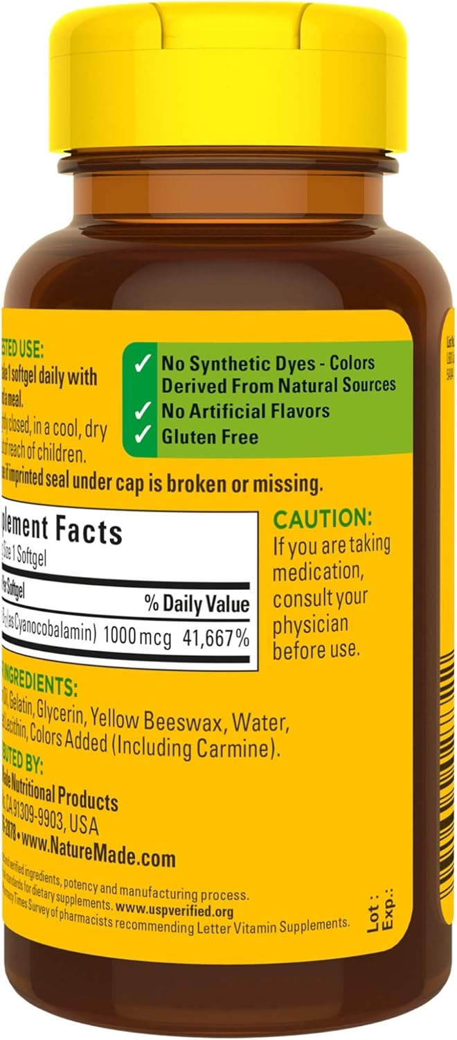90 Count Nature Made Vitamin B12 1000 mcg Softgels for Metabolic Health Boost