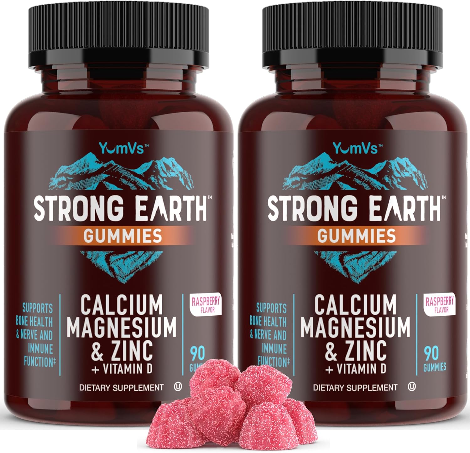 90 Count YUM-V'S Calcium, Magnesium, Zinc, and Vitamin D Gummies for Adults - Natural Raspberry Flavor Chewable Supplement, Vegetarian, Kosher, Halal - Pack of 2
