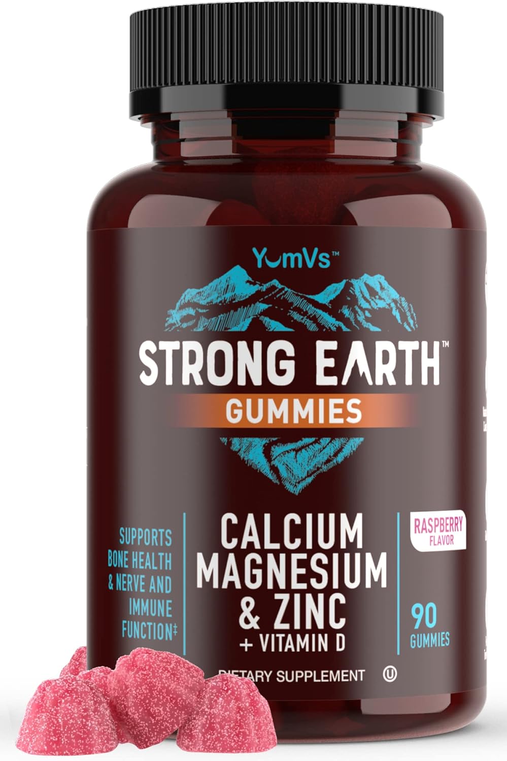 90 Count YUM-V'S Calcium, Magnesium, Zinc, and Vitamin D Gummies for Adults - Natural Raspberry Flavor Chewable Supplement, Vegetarian, Kosher, Halal - Pack of 2
