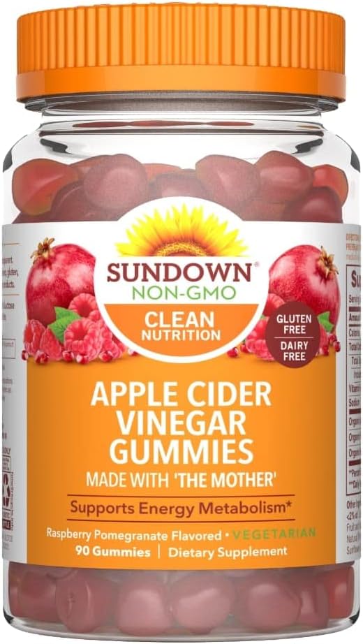 90 Ct Raspberry Pomegranate Flavored Sundown Apple Cider Vinegar Gummies for Energy Metabolism Support
