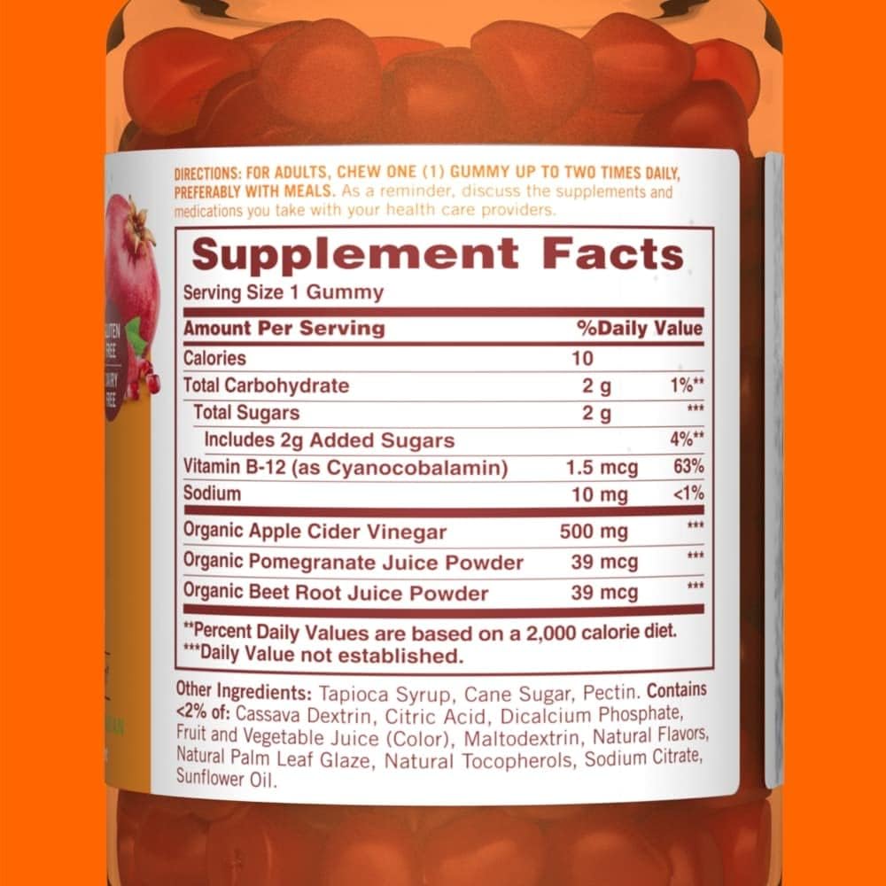 90 Ct Raspberry Pomegranate Flavored Sundown Apple Cider Vinegar Gummies for Energy Metabolism Support