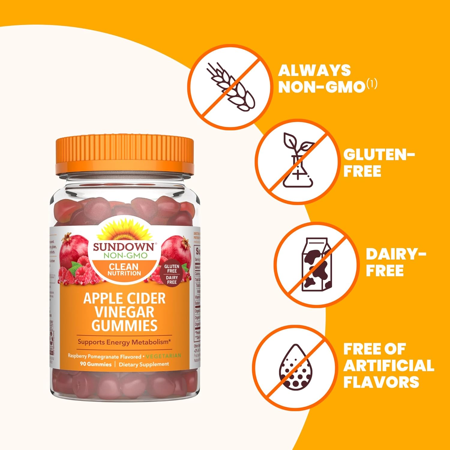 90 Ct Raspberry Pomegranate Flavored Sundown Apple Cider Vinegar Gummies for Energy Metabolism Support