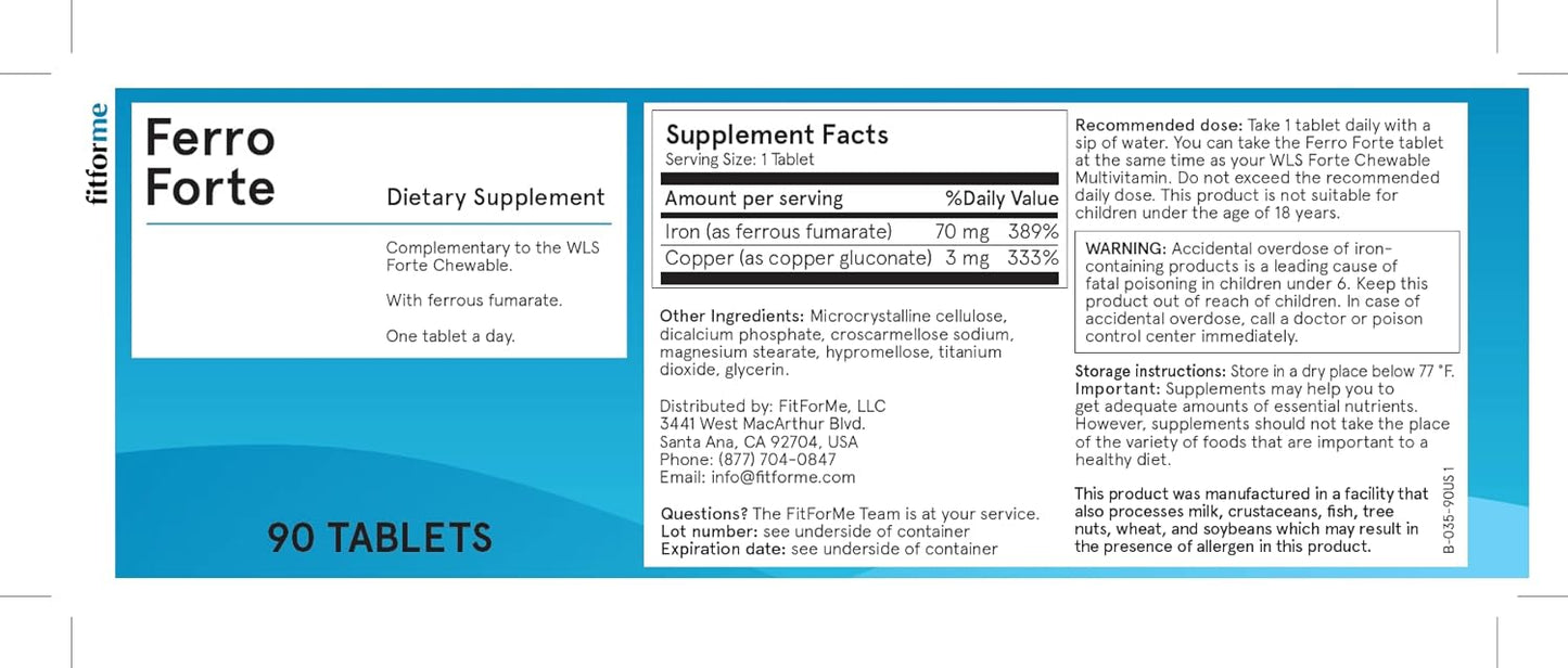 90-Day Supply of FitForMe Bariatric Multivitamin Iron Supplement for Gastric Bypass - Ferro Forte Tablets with Ferrous Iron Booster