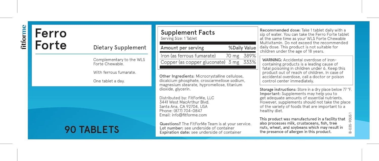 90-Day Supply of FitForMe Bariatric Multivitamin Iron Supplement for Gastric Bypass - Ferro Forte Tablets with Ferrous Iron Booster