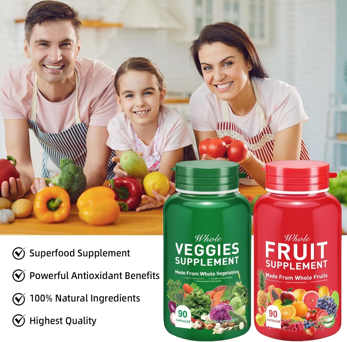 90 Fruit & 90 Vegetables High Fiber Supplement for Immunity, Gut Health, and Energy - Vegan Superfood Formula