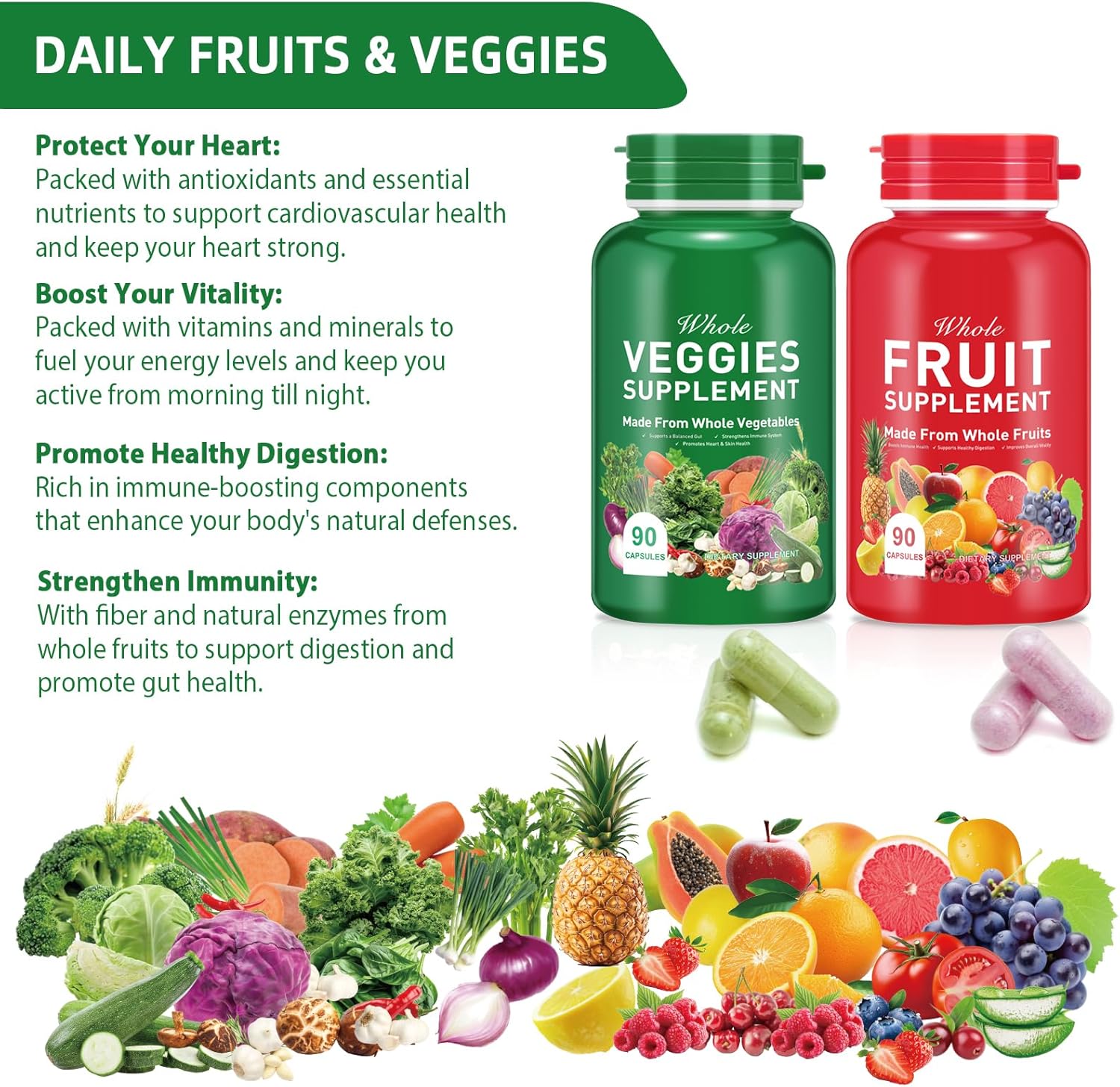 90 Fruit & 90 Vegetables High Fiber Supplement for Immunity, Gut Health, and Energy - Vegan Superfood Formula