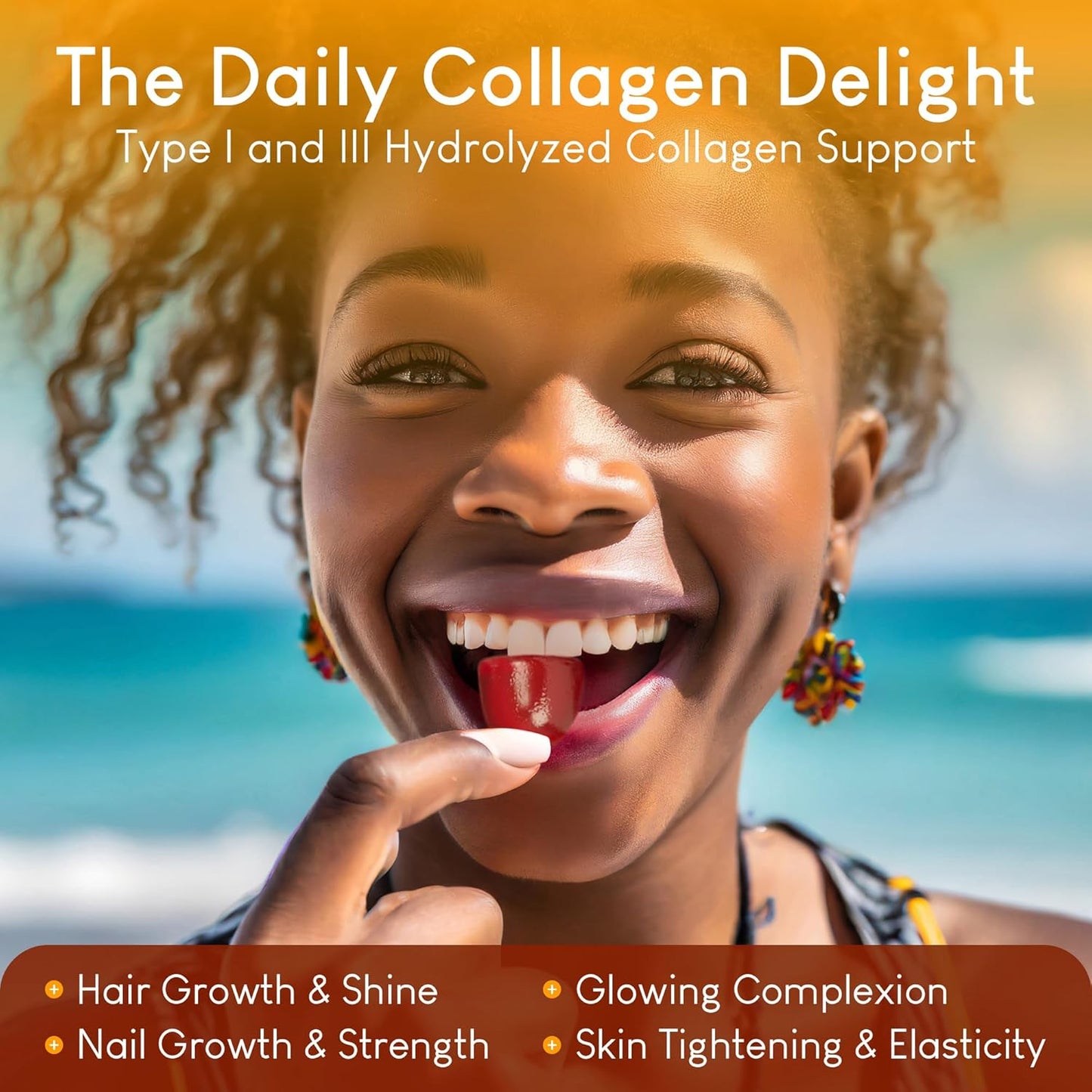 90 Potent 500mg Sugar-Free Marine Collagen Gummies for Hair, Skin, Nails - Orange Flavor, Gluten Free & Non-GMO