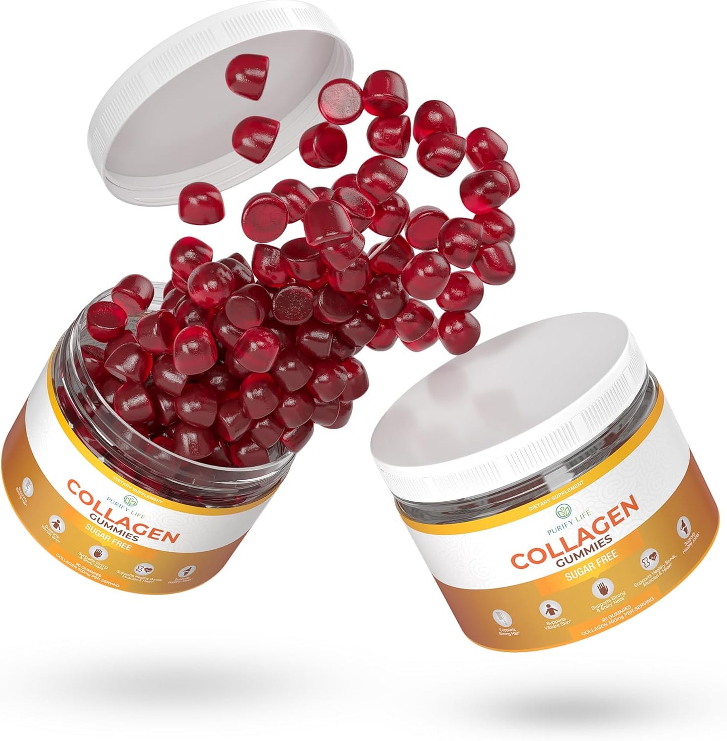 90 Potent 500mg Sugar-Free Marine Collagen Gummies for Hair, Skin, Nails - Orange Flavor, Gluten Free & Non-GMO