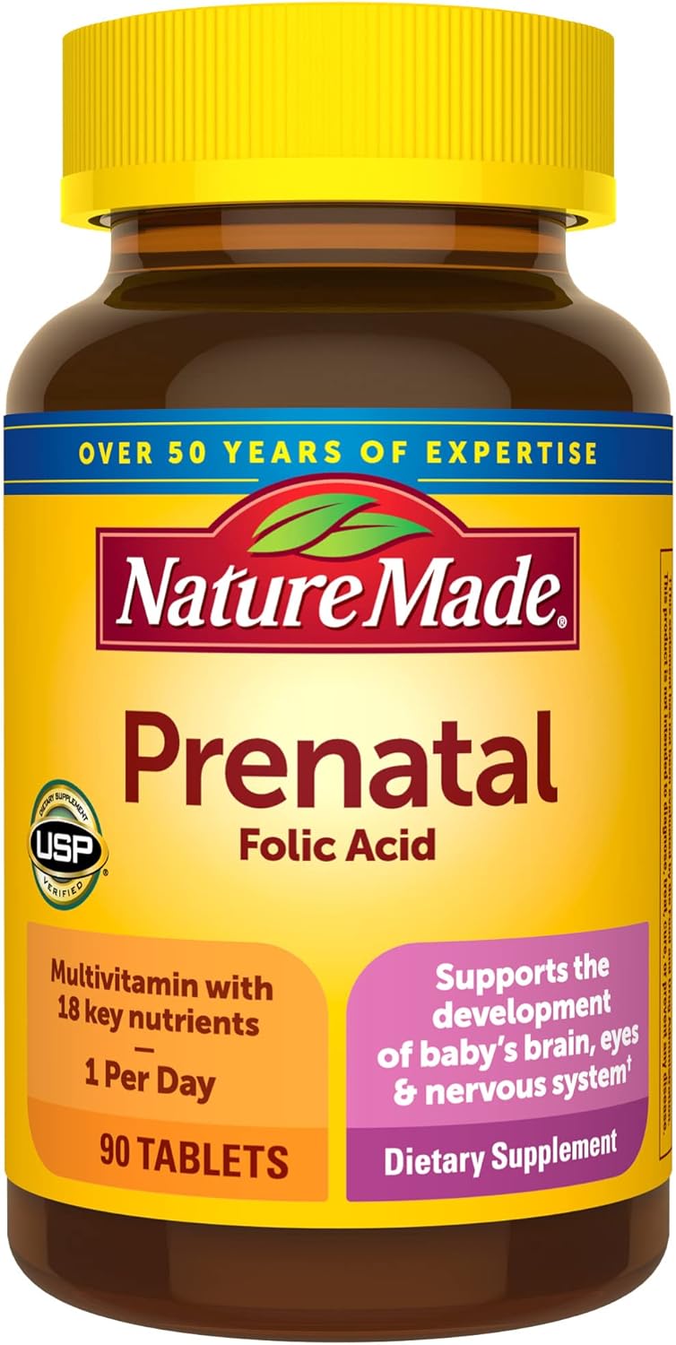 90 Tablets Nature Made Prenatal Multivitamin with Folic Acid for Daily Nutritional Support