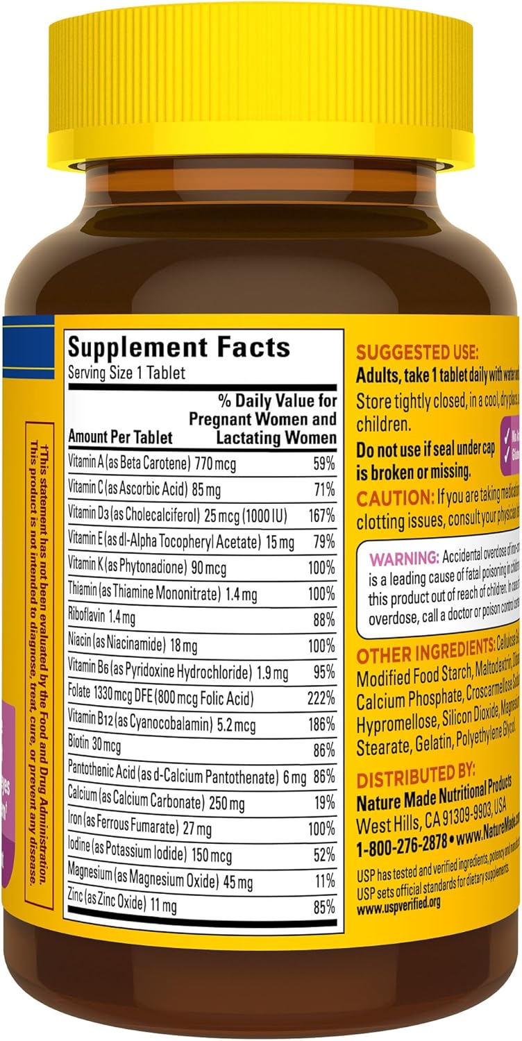 90 Tablets Nature Made Prenatal Multivitamin with Folic Acid for Daily Nutritional Support