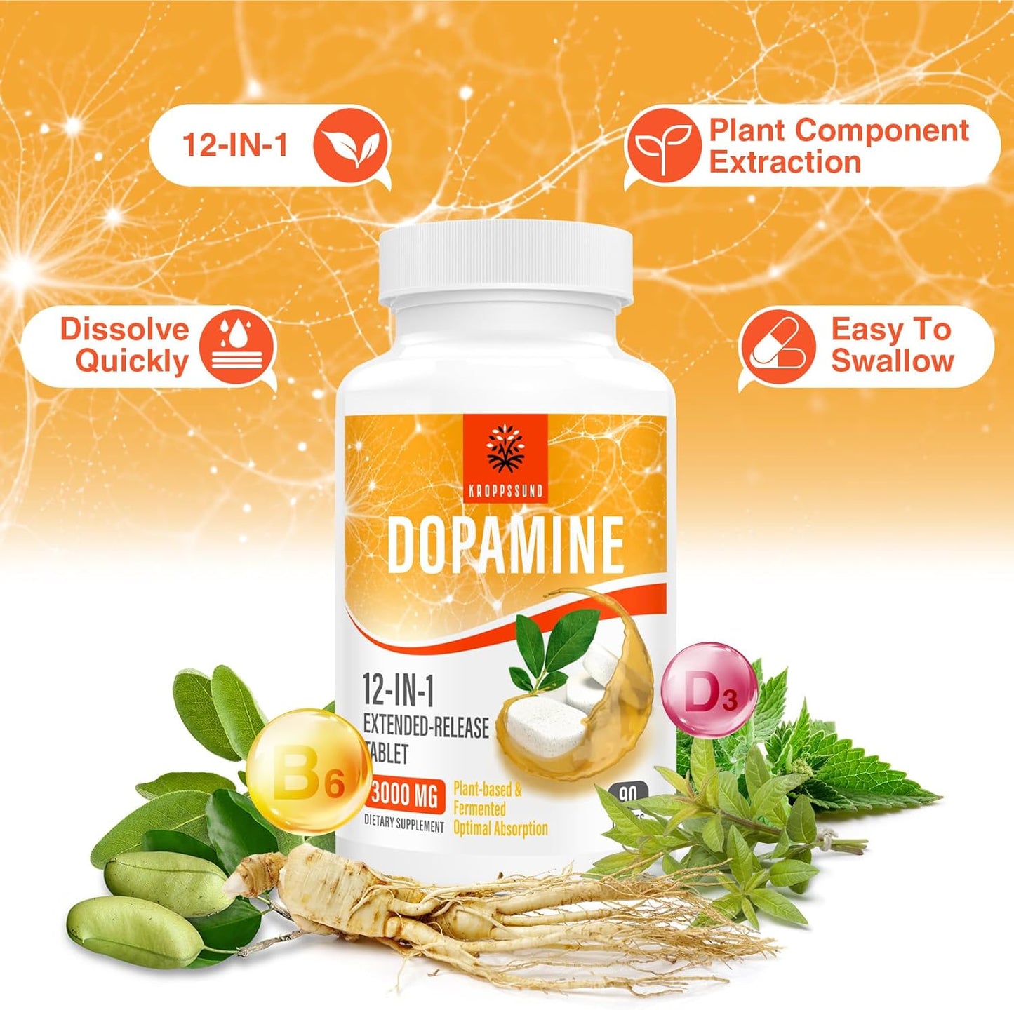 90 Tablets of Kroppssund Natural Dopamine Supplement for Improved Mood and Focus