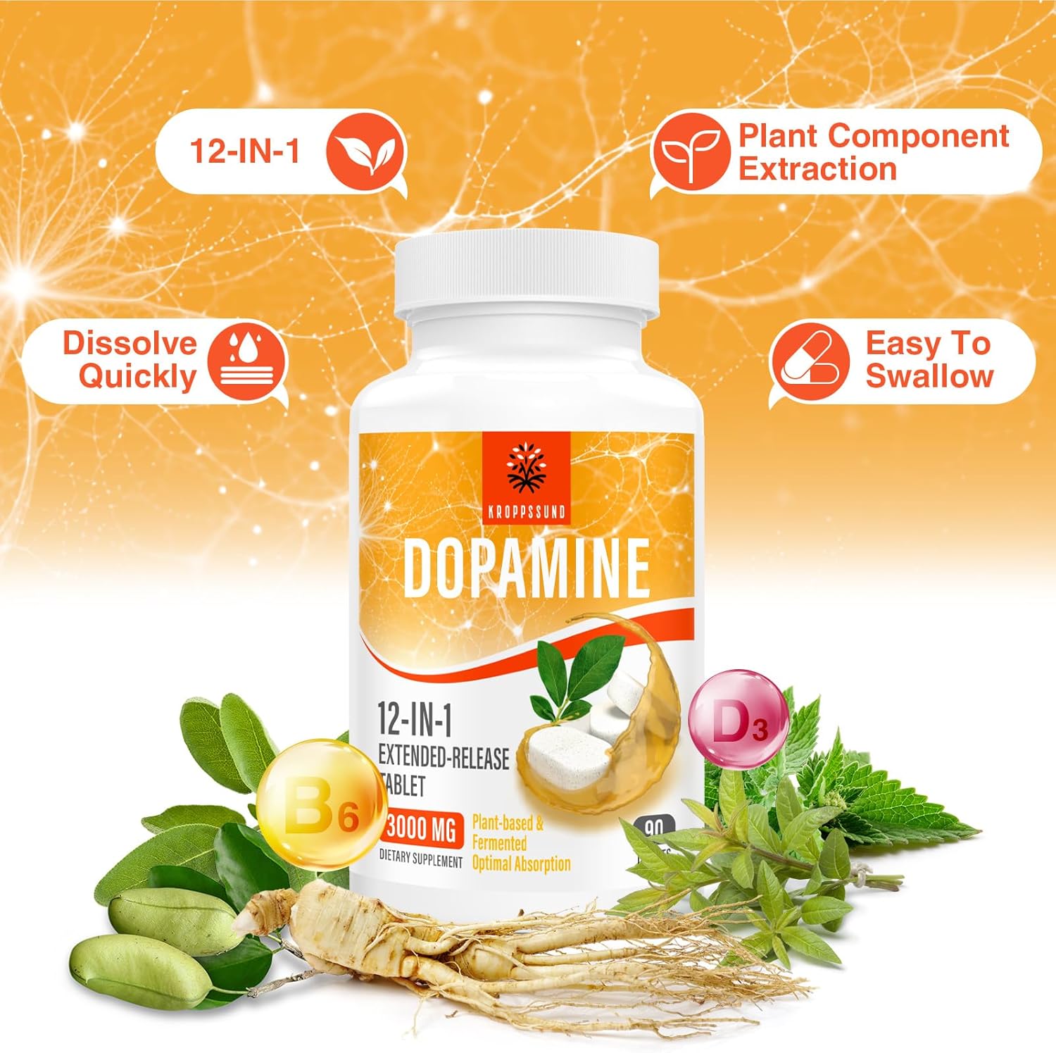 90 Tablets of Kroppssund Natural Dopamine Supplement for Improved Mood and Focus