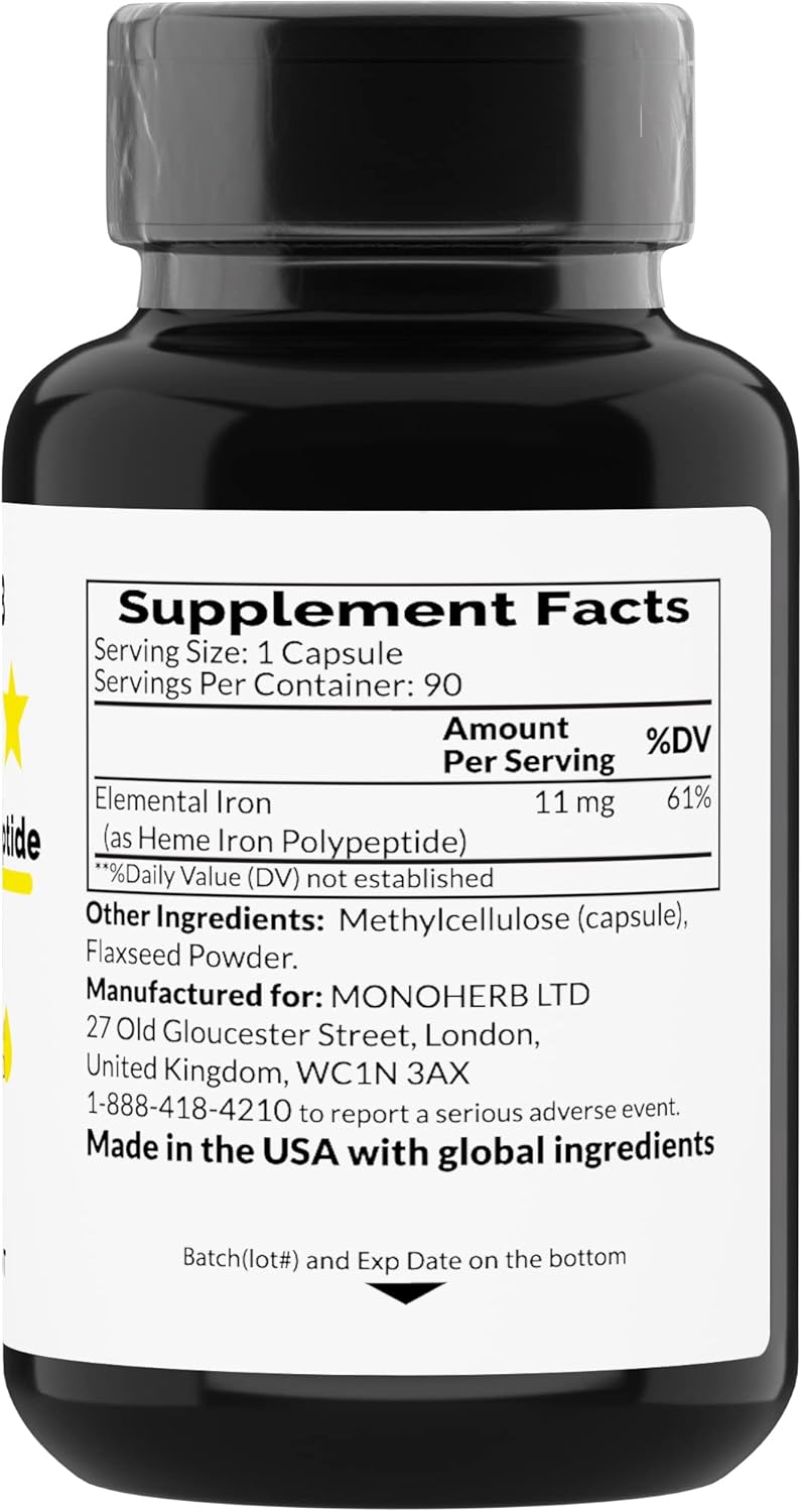 90 Vegetarian Capsules of MONOHERB Heme Iron Polypeptide 11 mg - Iron Supplement Complex for Enhanced Absorption