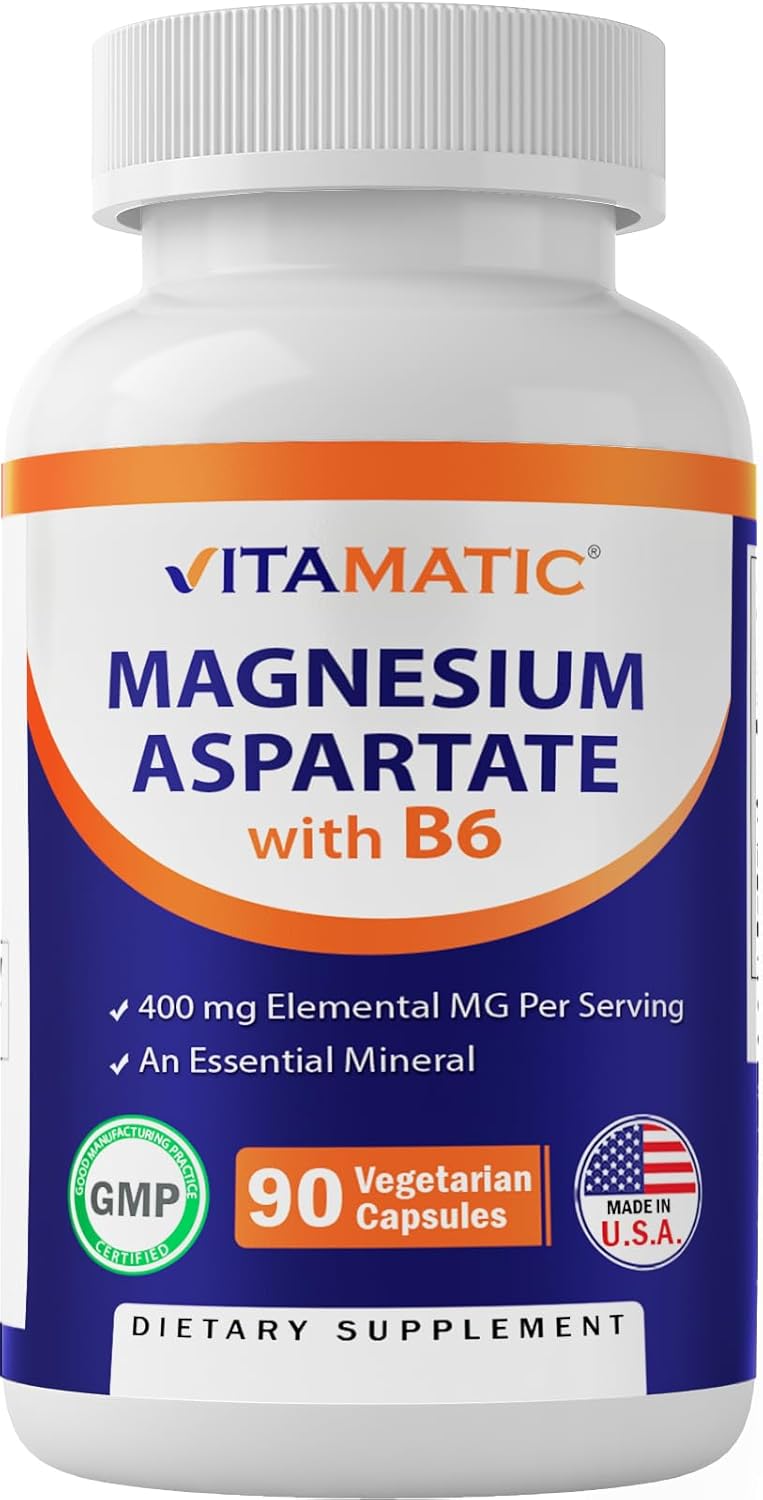90 Vegetarian Capsules of Vitamatic Magnesium Aspartate with B6 for Enhanced Absorption - Supports Muscle, Joint, and Heart Health - 400mg per Serving
